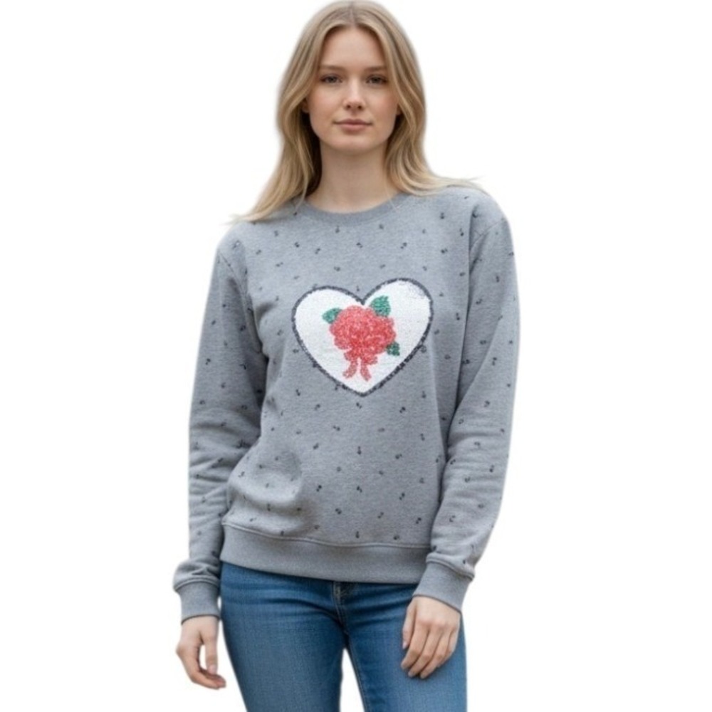 AYAKA Gray Anchor Print Sequin Heart Rose Sweatshirt Women's Size G